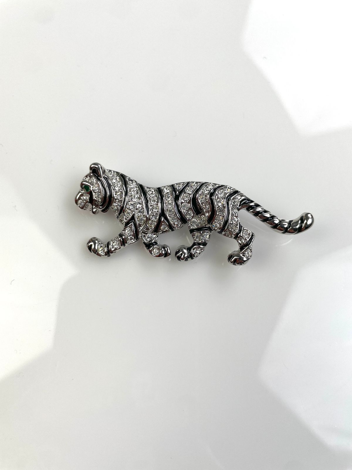 RHINESTONE ENCRUSTED & ENAMEL TIGER BROOCH, GREEN EYES in SILVER, BLACK, GREEN