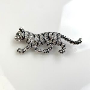 RHINESTONE ENCRUSTED & ENAMEL TIGER BROOCH, GREEN EYES in SILVER, BLACK, GREEN