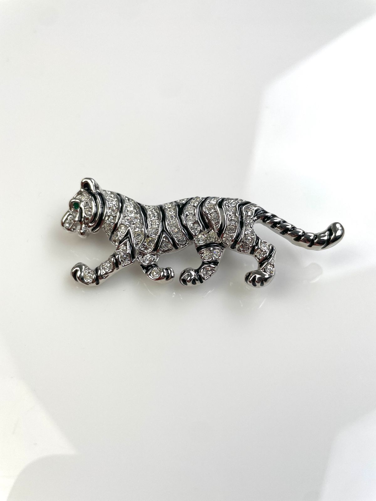 RHINESTONE ENCRUSTED & ENAMEL TIGER BROOCH, GREEN EYES in SILVER, BLACK, GREEN