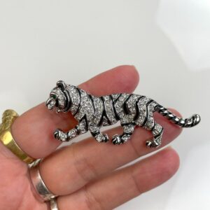 RHINESTONE ENCRUSTED & ENAMEL TIGER BROOCH, GREEN EYES in SILVER, BLACK, GREEN