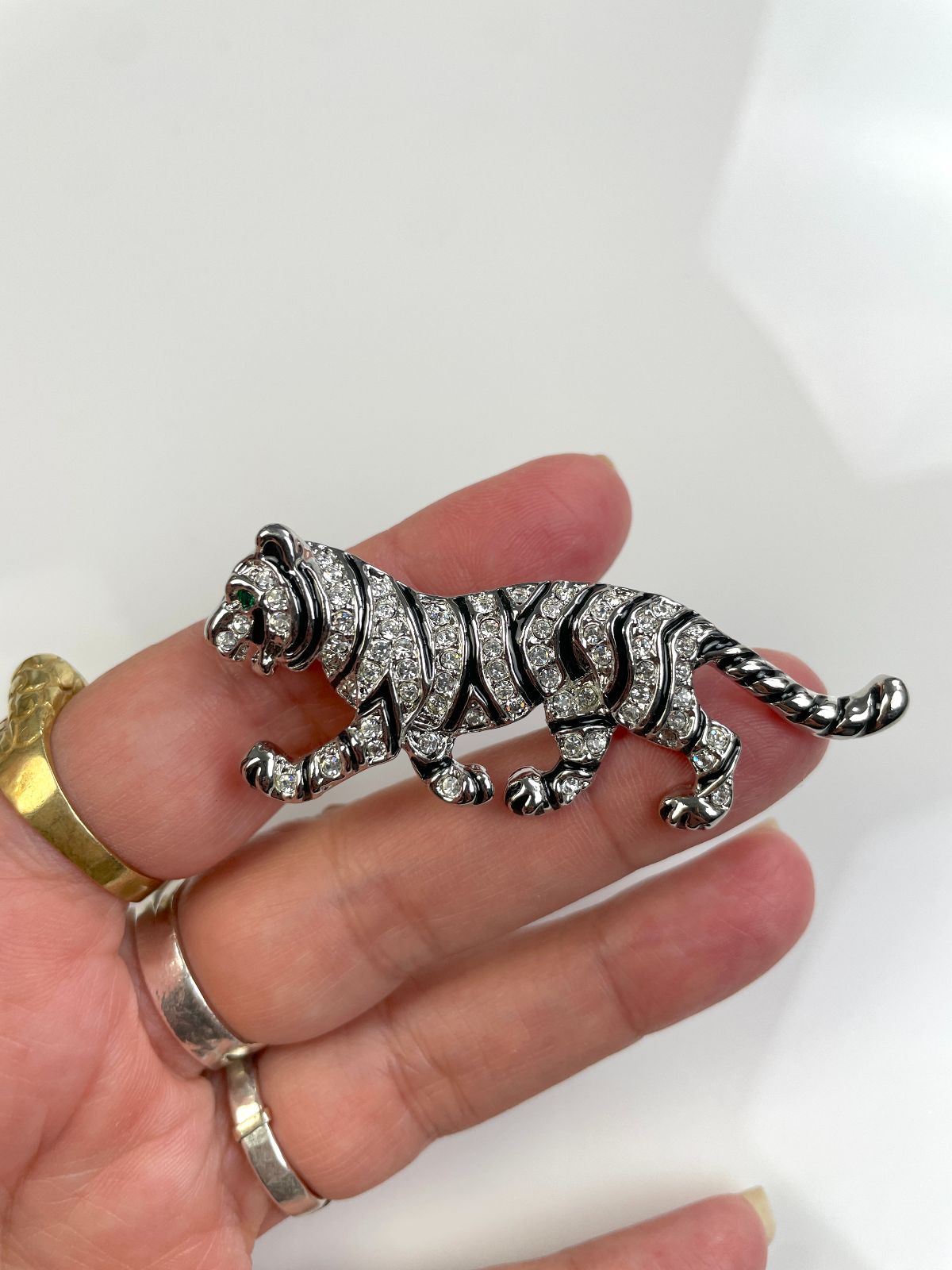 RHINESTONE ENCRUSTED & ENAMEL TIGER BROOCH, GREEN EYES in SILVER, BLACK, GREEN