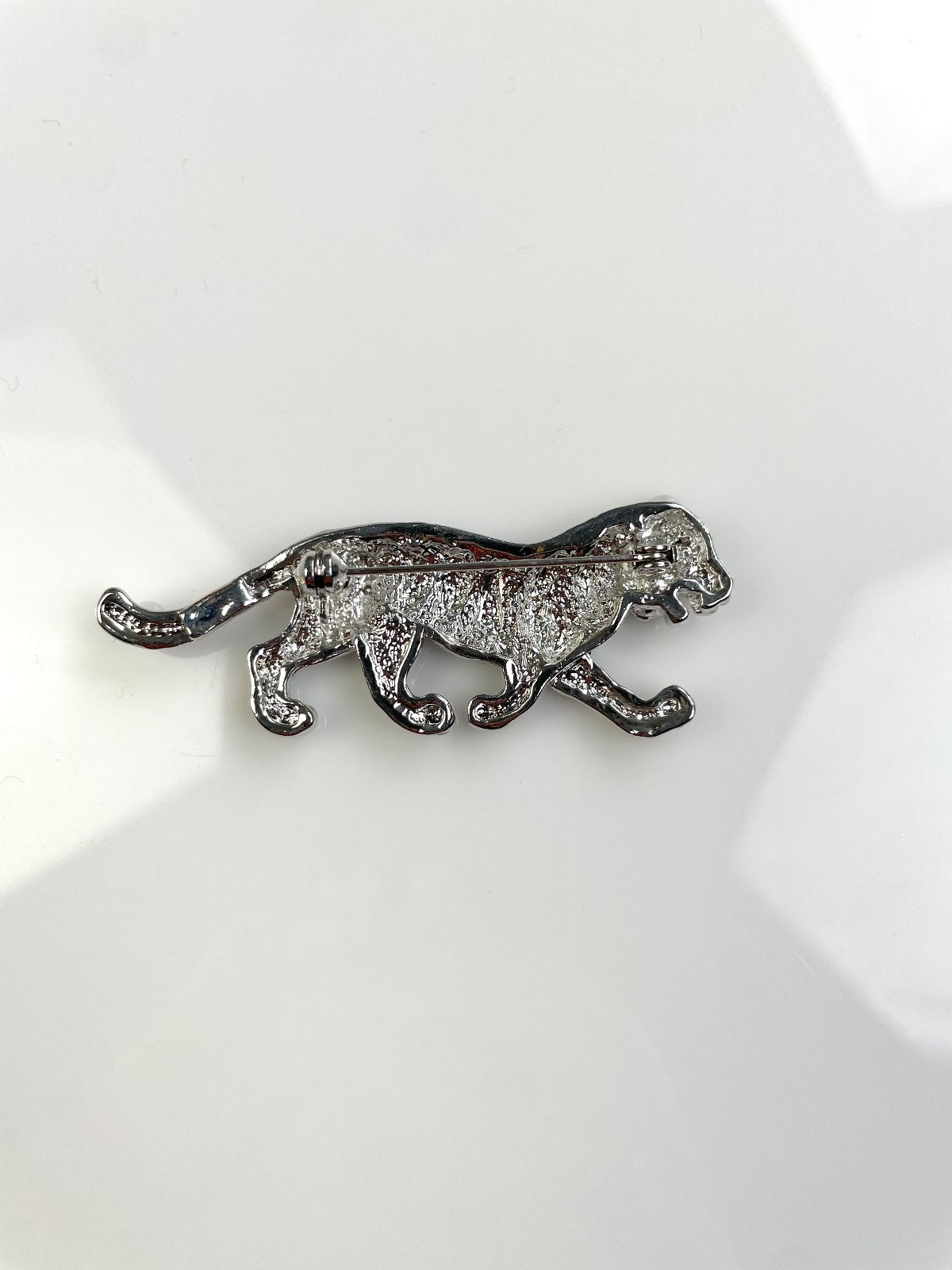 RHINESTONE ENCRUSTED & ENAMEL TIGER BROOCH, GREEN EYES in SILVER, BLACK, GREEN