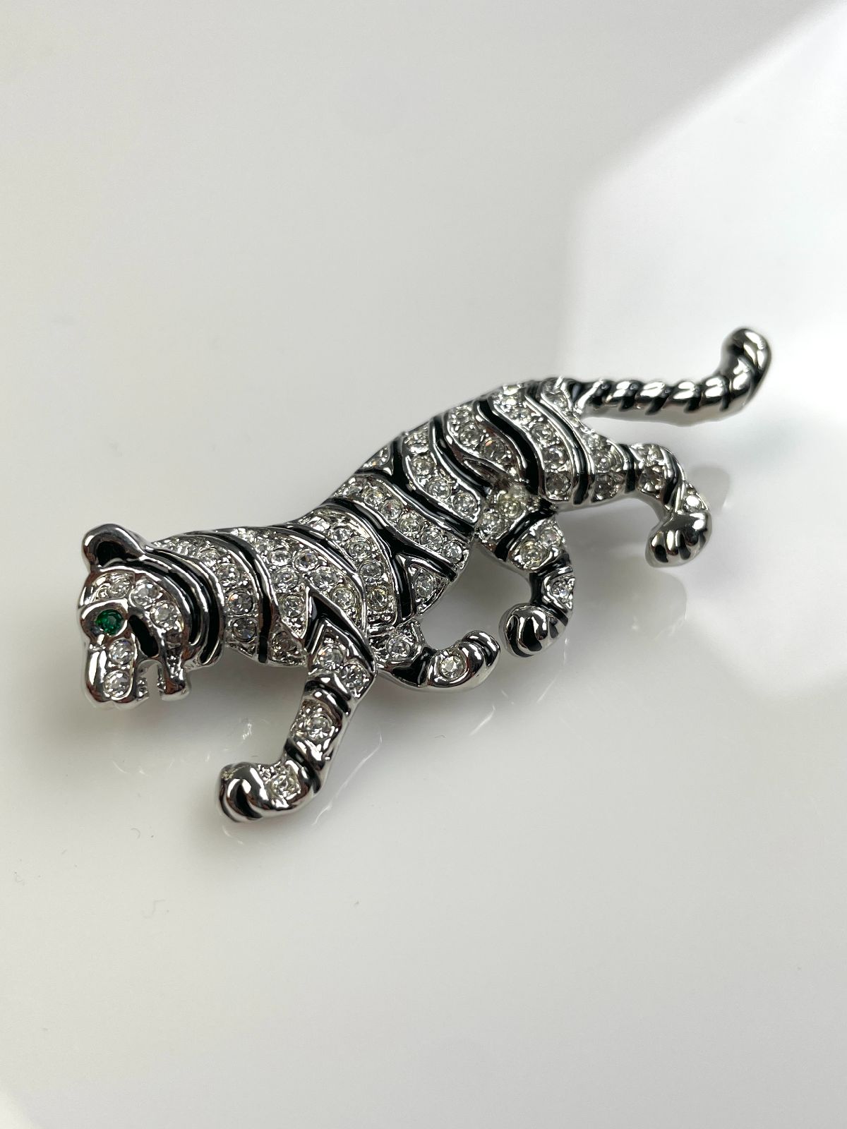 RHINESTONE ENCRUSTED & ENAMEL TIGER BROOCH, GREEN EYES in SILVER, BLACK, GREEN