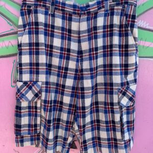 LMUNIC LMUNIC RED WHITE AND BLUE PLAID CARGO SHORTS in BLUE