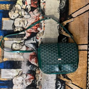 GOYARD *AS-IS* CROSSBODY CLASSIC MONOGRAM PRINT BAG WITH BELT STYLE CLOSURE in GREEN, WHITE
