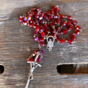 ITALY RED IRIDESCENT GLASS AND SILVER CROSS ROSARY in RED