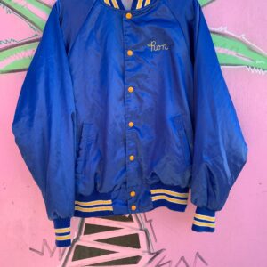 CHAINSTITCHED NAME EMBROIDERED BUDGET TAPES & RECORDS SATIN BASEBALL JACKET STRIPED COLLAR & CUFFS in BLUE, YELLOW