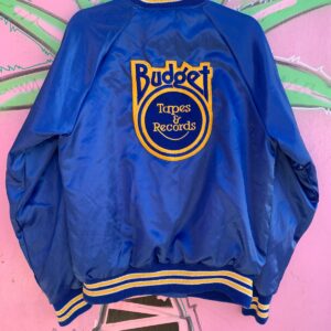 CHAINSTITCHED NAME EMBROIDERED BUDGET TAPES & RECORDS SATIN BASEBALL JACKET STRIPED COLLAR & CUFFS in BLUE, YELLOW