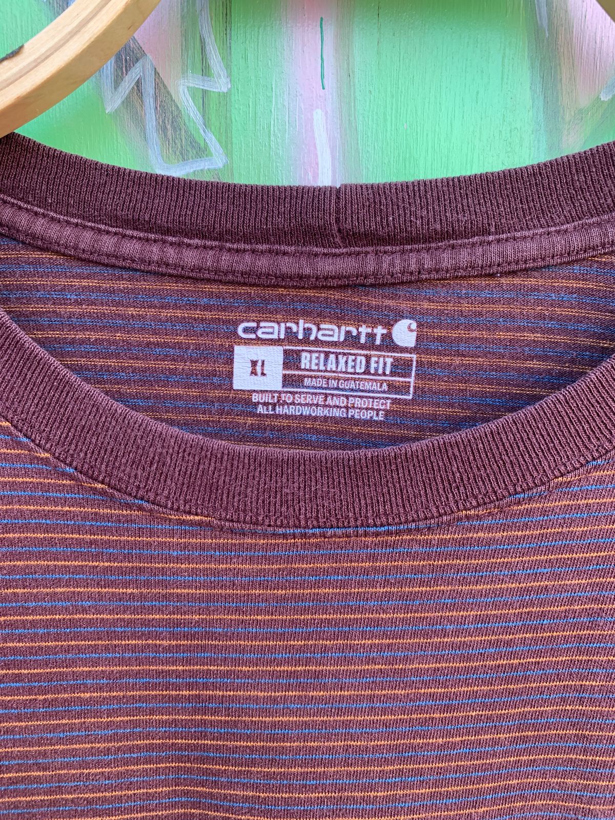 CARHARTT HORIZONTAL STRIPED HEAVYWEIGHT CARHARTT POCKET T-SHIRT in MAROON
