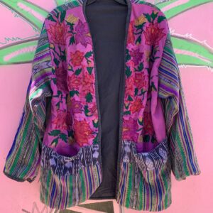 GUATAMALAN STRIPED PANEL JACKET W/ EMBROIDERED FLOWERS in PURPLE