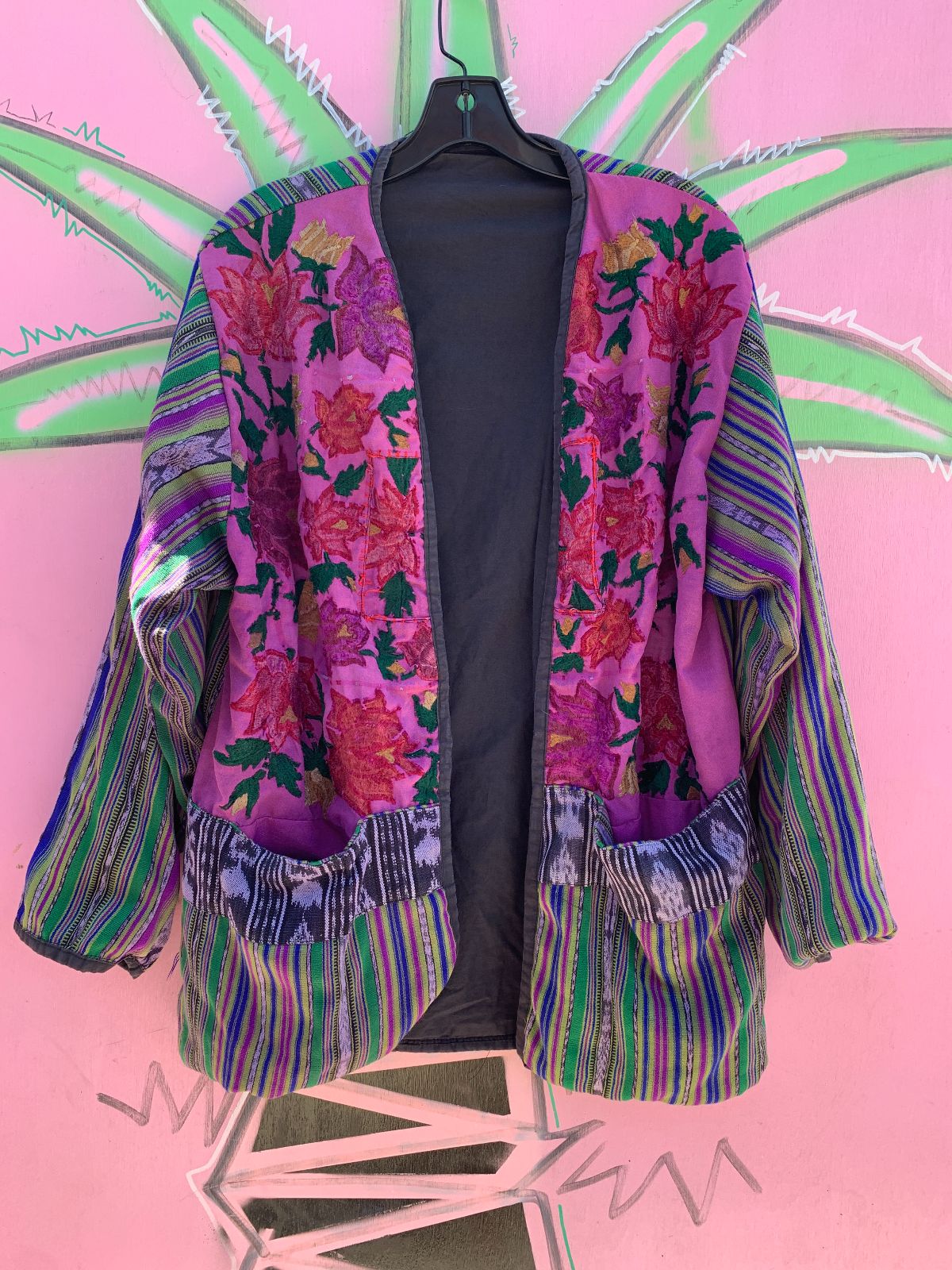 GUATAMALAN STRIPED PANEL JACKET W/ EMBROIDERED FLOWERS in PURPLE