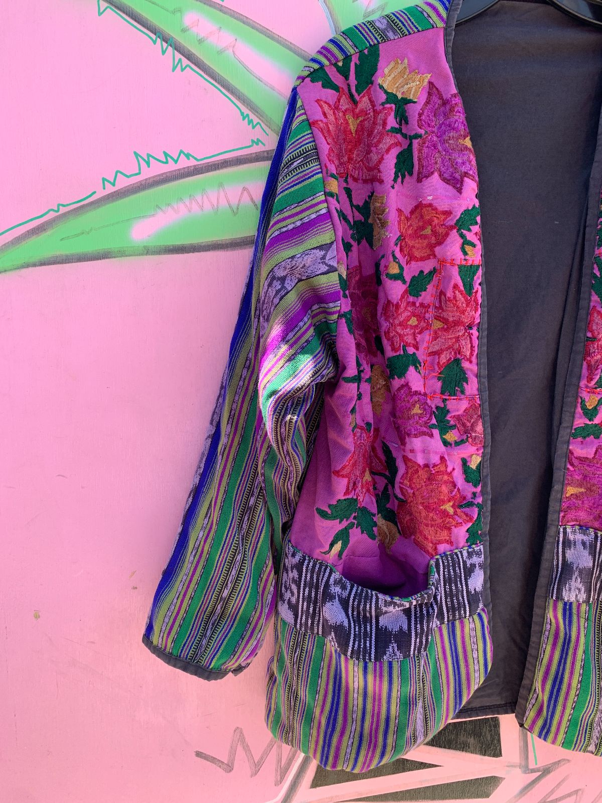 GUATAMALAN STRIPED PANEL JACKET W/ EMBROIDERED FLOWERS in PURPLE
