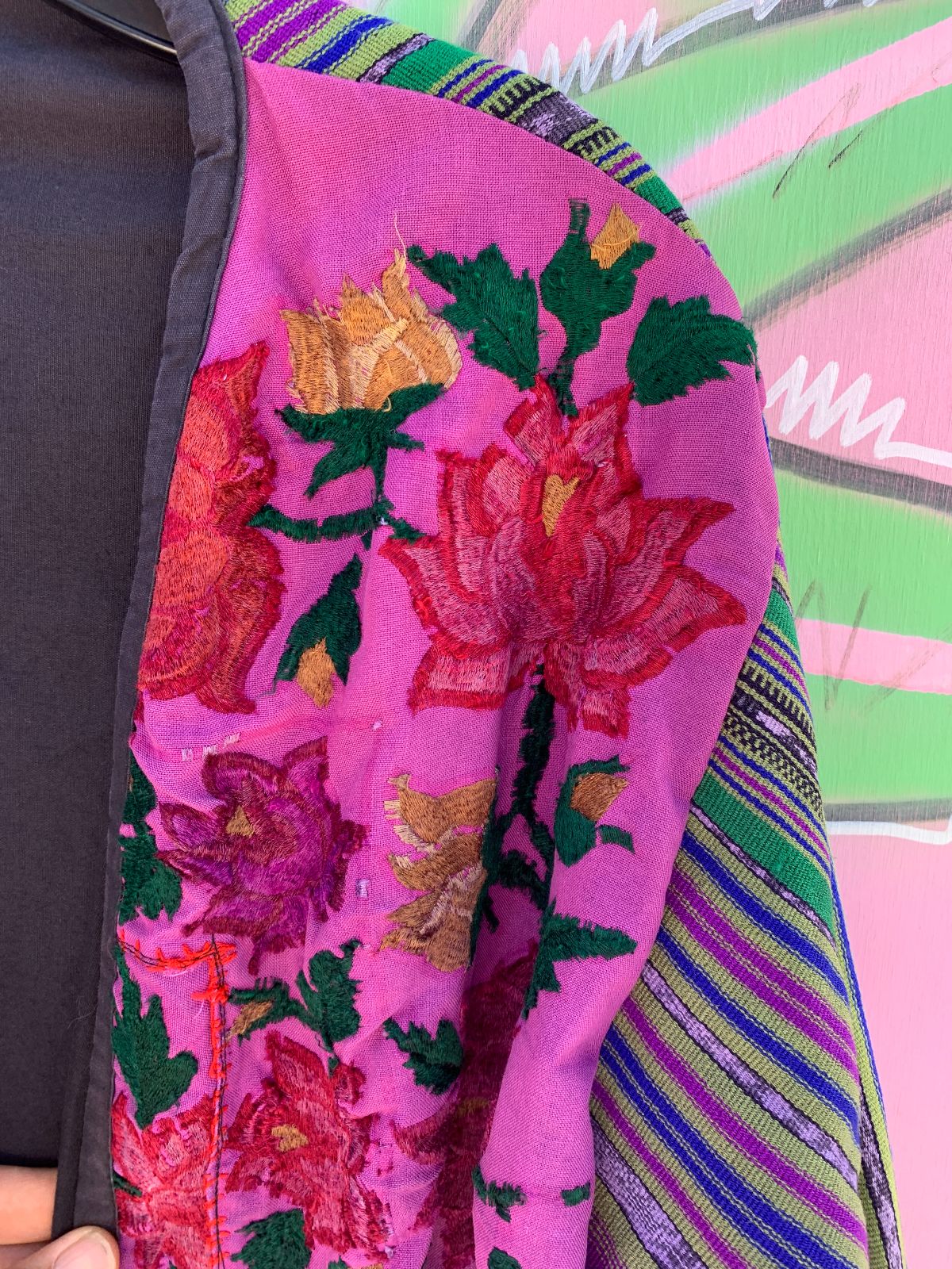 GUATAMALAN STRIPED PANEL JACKET W/ EMBROIDERED FLOWERS in PURPLE