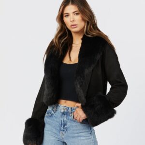 SHACI SUPER CROPPED ULTRASUEDE JACKET - FAUX FUR COLLAR & CUFFS in BLACK