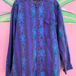ERNESTO SO GOOD! 1980S-90S TIKI TRIBAL FIGURE PRINT 100% COTTON LONG SLEEVE BUTTON UP SHIRT in PURPLE, BLUE