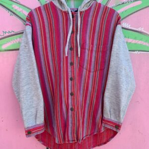 BONJOUR *AS-IS* 1990S CONQUISTA VERTICALLY STRIPED TEXTILE & HEATHERED SLEEVES BUTTON UP HOODIE in PINK