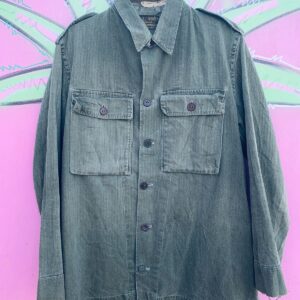 KL 100 SUPER SOFT 1950S HERRINGBONE MILITARY LONG SLEEVE BUTTON UP JACKET K.L.100 NETHERLANDS ARMY NEIRYNCK HOLVOET in OLIVE GREEN