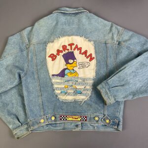 STICK SHIFT BARTMAN DENIM JACKET WITH DISTRESSED PATCH AND GRAPHIC in BLUE