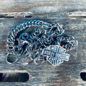 MENS HEAVY CHROME CHAIN LINK WALLET CHAIN - HARLEY DAVIDSON ADDED PENDANT in SILVER